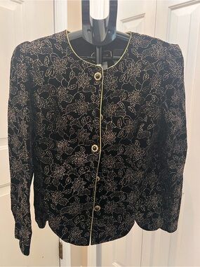 Vintage 80s R&K Evening Black Floral-Embroidered Jacket with Gold Piping Sz 8